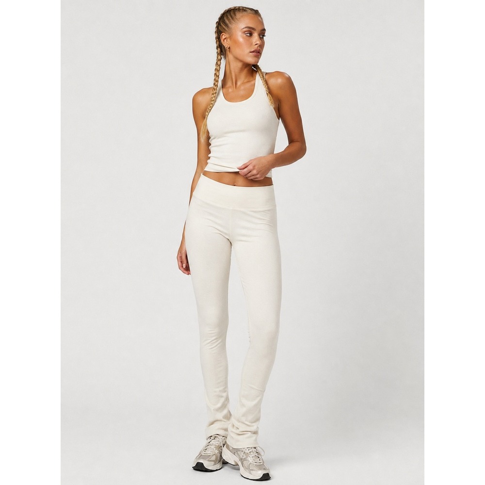 ETERNE High Rise Ribbed Legging Pants White Cream Cotton Modal M